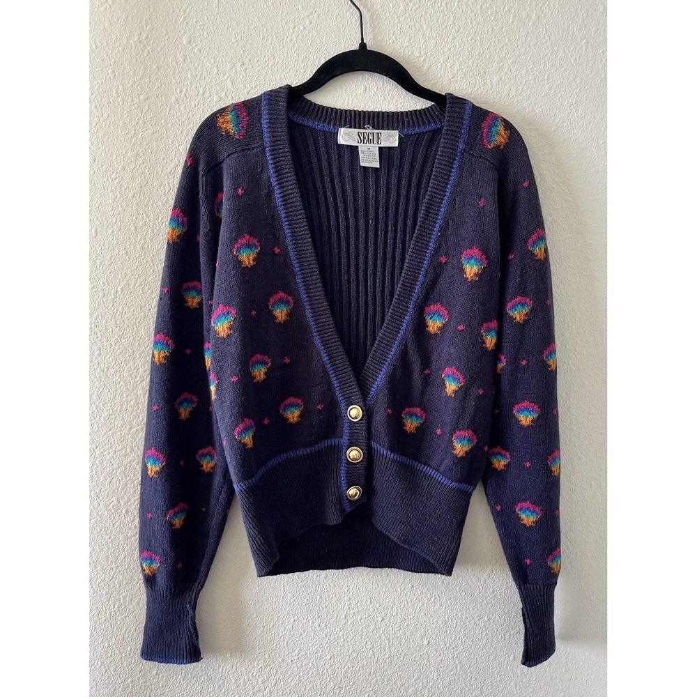 Vintage 80's Cardigan Knit Sweater Size Medium Blue Gold Buttons Segue Retro